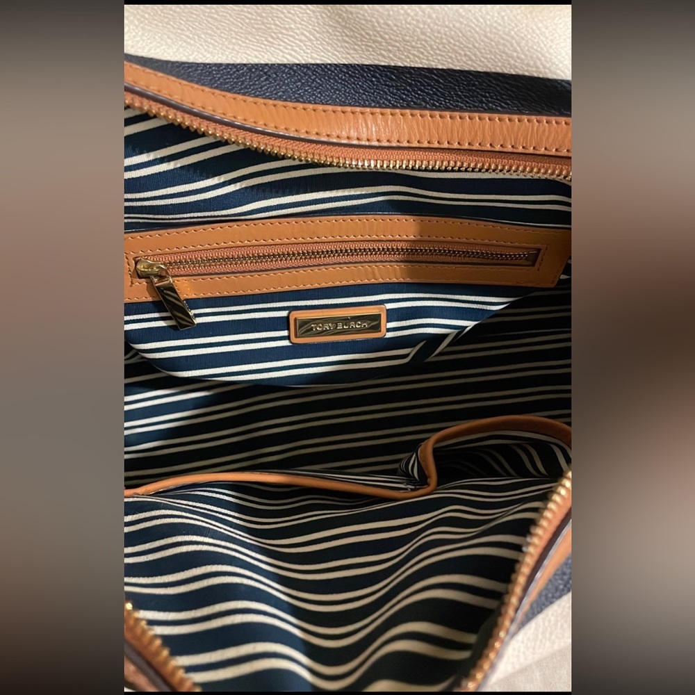 Tory Burch Navy and White Striped Satchel with Tan Trim - Picture 4 of 13